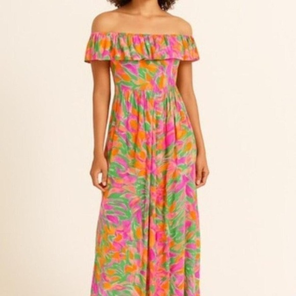 Lilly Pulitzer Dresses & Skirts - Lilly Pulitzer Pink Green Floral Off The Shoulder Maxi Dress XS Tropical Ruffle